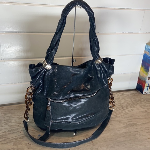 B Makowsky Black Snake Skin Hobo Crossbody - Picture 2 of 10